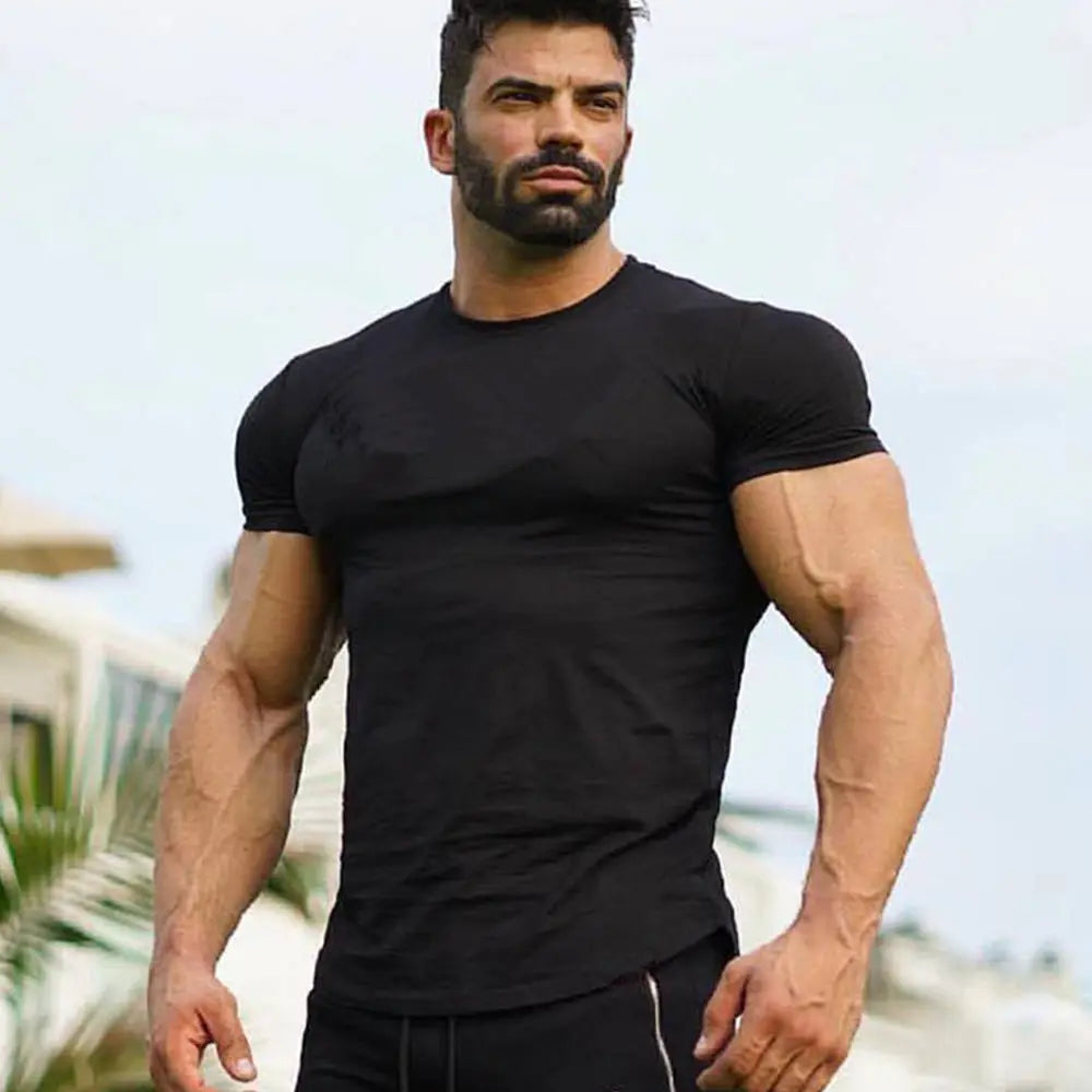 Men's Gym tshirt Men Running Sport T-shirt Fitness Bodybuilding Cotton Slim Tee shirt Tops Summer Male Jogging Training Clothing