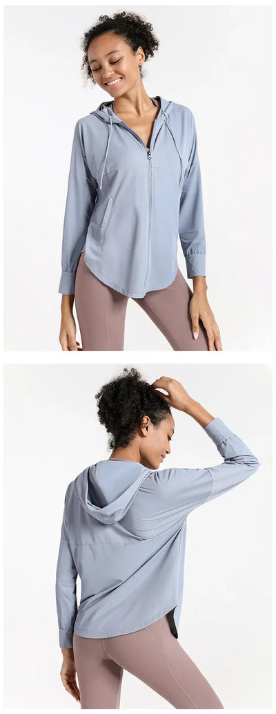 Summer Women Sport Jacket Thin Loose Zipper Yoga Coat Sun-Protective Clothes Top Fitness Running Hoodies Gym Workout Sweatshirts