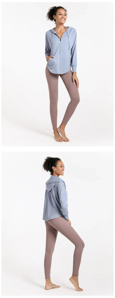 Summer Women Sport Jacket Thin Loose Zipper Yoga Coat Sun-Protective Clothes Top Fitness Running Hoodies Gym Workout Sweatshirts