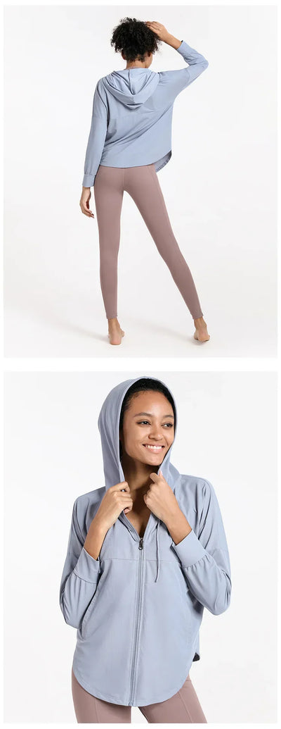 Summer Women Sport Jacket Thin Loose Zipper Yoga Coat Sun-Protective Clothes Top Fitness Running Hoodies Gym Workout Sweatshirts