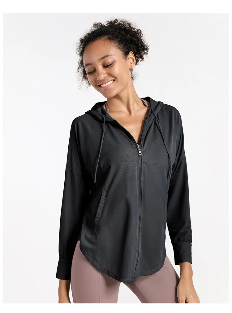 Summer Women Sport Jacket Thin Loose Zipper Yoga Coat Sun-Protective Clothes Top Fitness Running Hoodies Gym Workout Sweatshirts