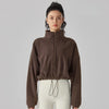 Women's Fleece Short Jacket Full Zip Stand Collar Warm Winter Sherpa Crop Coats with Drawstring Hem Gym Fitness Sports Clothing