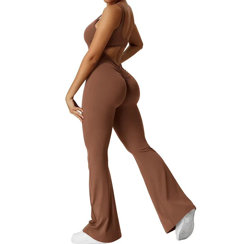 Women Gym Set Training Yoga Suit Sportswear Sports Jumpsuit Fitness Rompers Stretch Female High Waist  Seamless Flare Pants