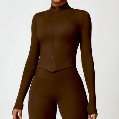 Women's Outdoor Running Fitness Jacket T-shirt Stand Collar Long Sleeve Zipper Yoga Shirts Solid Gym Push Up Workout Tops New