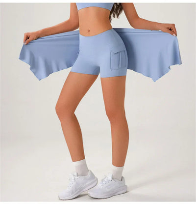 Women Gym Sports Shorts With Skirts Wrap Cover Chinlon Yoga Running Fitness Modern Dance Ballet Two Side Pockets Skorts
