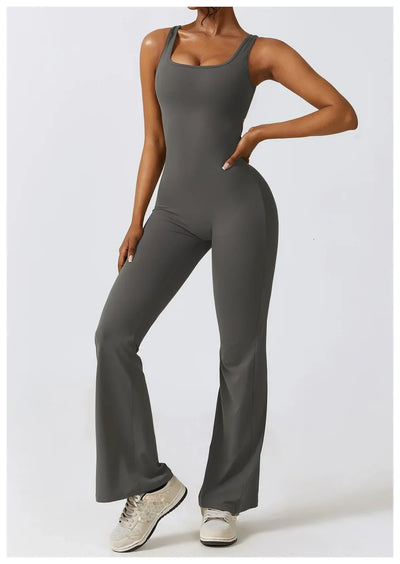Women Gym Set Training Yoga Suit Sportswear Sports Jumpsuit Fitness Rompers Stretch Female High Waist  Seamless Flare Pants