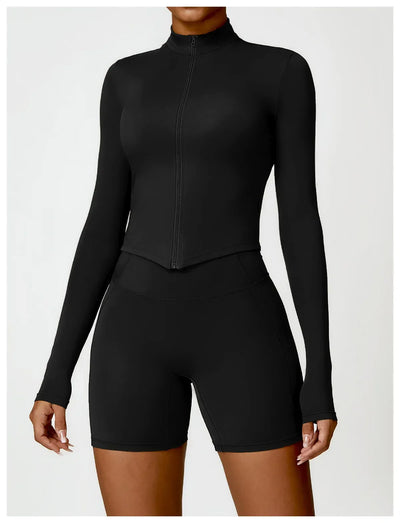 Women's Outdoor Running Fitness Jacket T-shirt Stand Collar Long Sleeve Zipper Yoga Shirts Solid Gym Push Up Workout Tops New