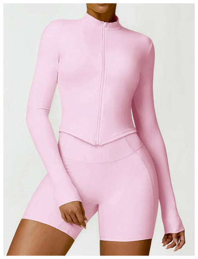 Women's Outdoor Running Fitness Jacket T-shirt Stand Collar Long Sleeve Zipper Yoga Shirts Solid Gym Push Up Workout Tops New