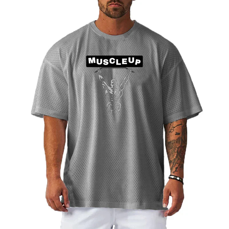 Men's Running T-Shirts Oversized Fitness Half Sleeve T Shirt Summer Gym Muscle Up Mesh Quick Dry Breathable Loose Sport Clothing