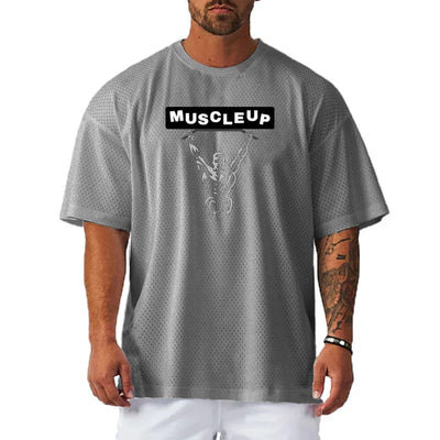 Men's Running T-Shirts Oversized Fitness Half Sleeve T Shirt Summer Gym Muscle Up Mesh Quick Dry Breathable Loose Sport Clothing