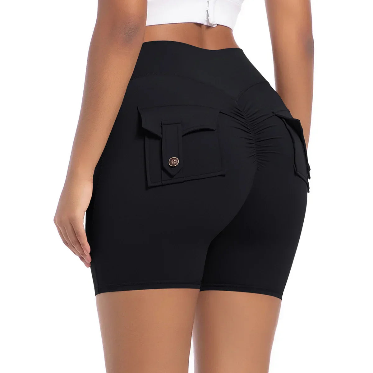Womens Workout Shorts with Pockets Scrunch Butt Gym Biker Shorts High Waisted Booty Cargo Pants Yoga Running Leggings Activewear