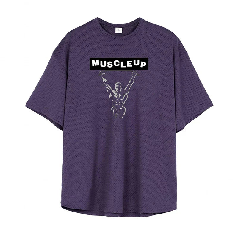 Men's Running T-Shirts Oversized Fitness Half Sleeve T Shirt Summer Gym Muscle Up Mesh Quick Dry Breathable Loose Sport Clothing