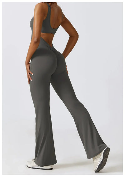 Women Gym Set Training Yoga Suit Sportswear Sports Jumpsuit Fitness Rompers Stretch Female High Waist  Seamless Flare Pants
