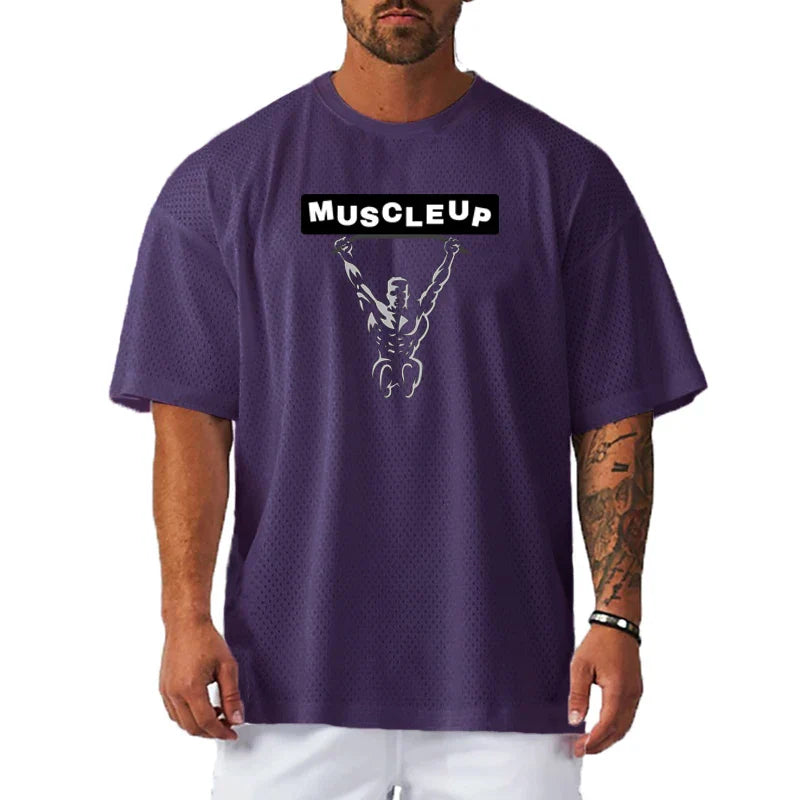 Men's Running T-Shirts Oversized Fitness Half Sleeve T Shirt Summer Gym Muscle Up Mesh Quick Dry Breathable Loose Sport Clothing