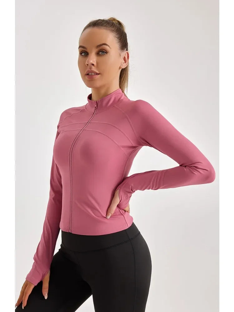 Women Zip Fitness Clothes Long Sleeve Solid Color Sports Jacket Gym Clothes Woman Yoga Shirt Quick Dry Top Sunscreen Sportswear