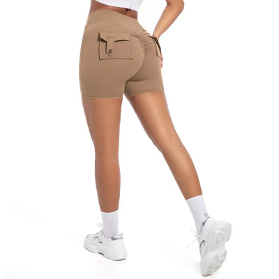 Womens Workout Shorts with Pockets Scrunch Butt Gym Biker Shorts High Waisted Booty Cargo Pants Yoga Running Leggings Activewear