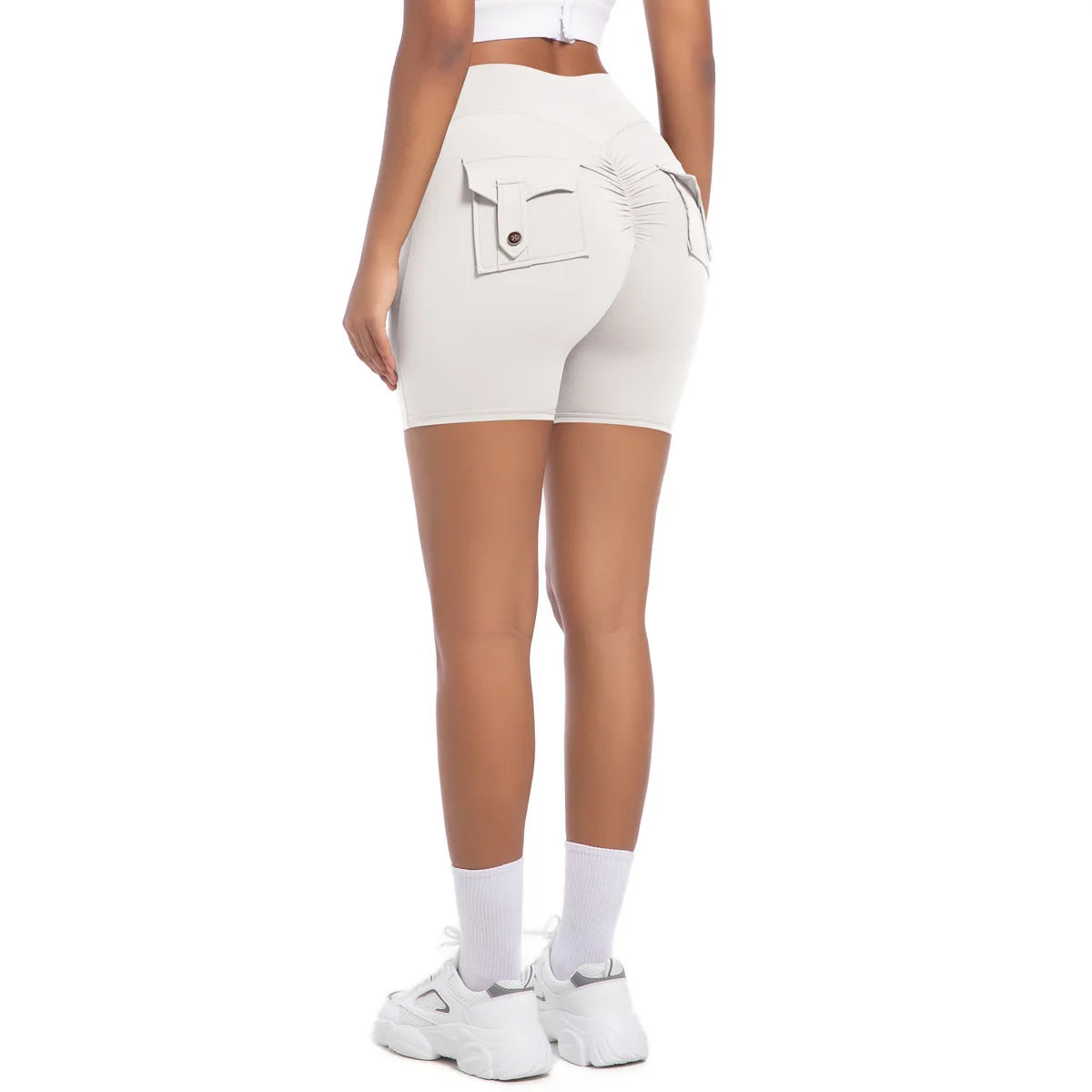 Womens Workout Shorts with Pockets Scrunch Butt Gym Biker Shorts High Waisted Booty Cargo Pants Yoga Running Leggings Activewear
