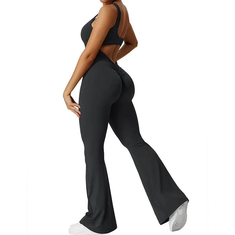 Women Gym Set Training Yoga Suit Sportswear Sports Jumpsuit Fitness Rompers Stretch Female High Waist  Seamless Flare Pants