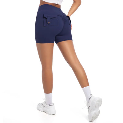 Womens Workout Shorts with Pockets Scrunch Butt Gym Biker Shorts High Waisted Booty Cargo Pants Yoga Running Leggings Activewear