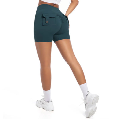 Womens Workout Shorts with Pockets Scrunch Butt Gym Biker Shorts High Waisted Booty Cargo Pants Yoga Running Leggings Activewear