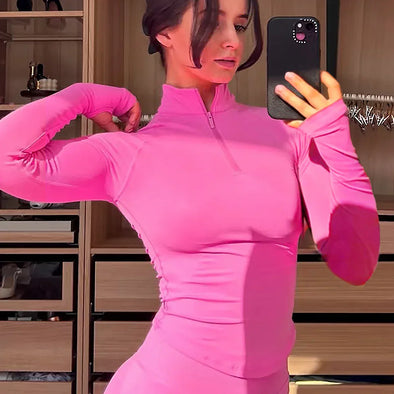 Half Zippy Jacket Women Running Long Sleeves Gym Coats Sports Shirts Gym Fitness Workout Pilates Clothes