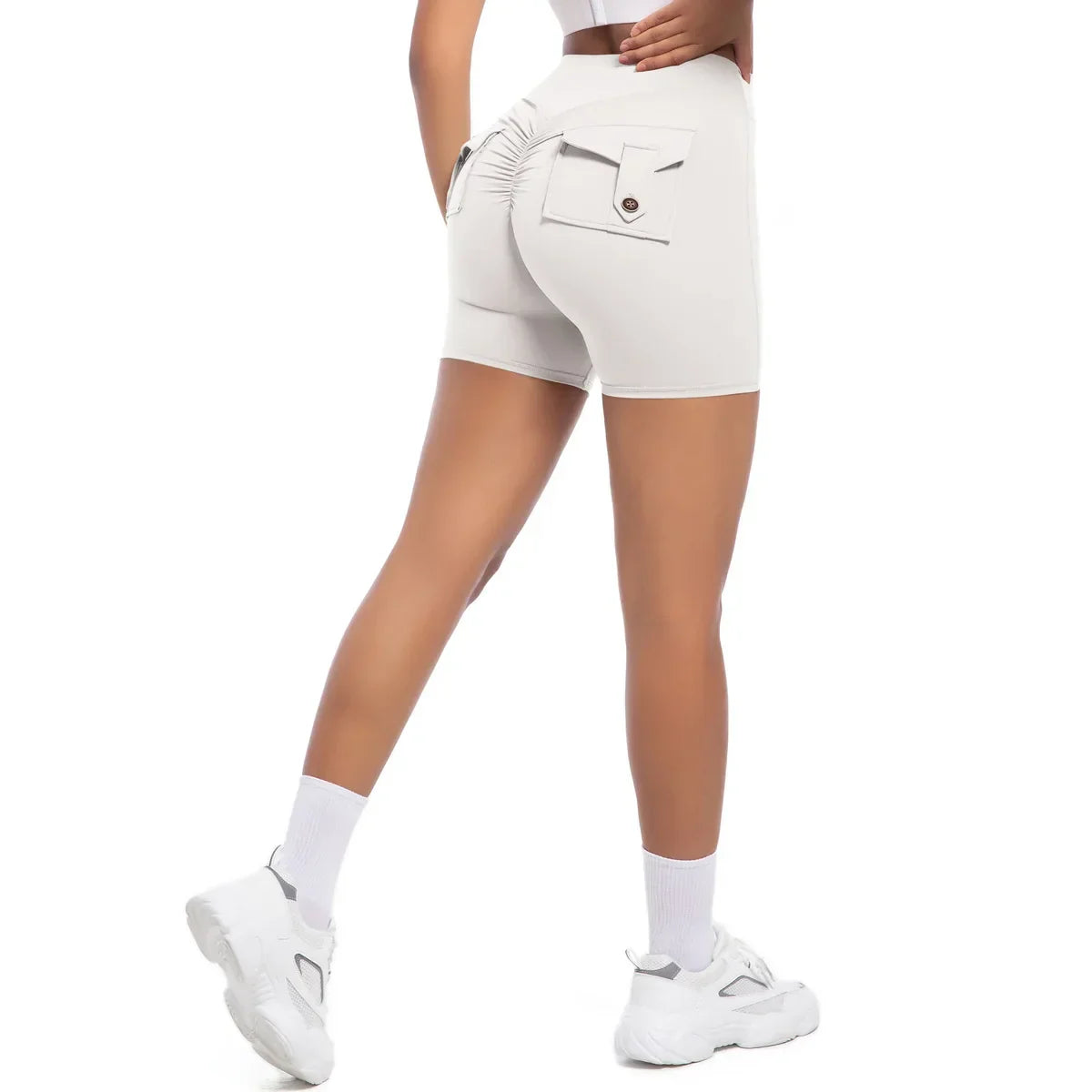 Womens Workout Shorts with Pockets Scrunch Butt Gym Biker Shorts High Waisted Booty Cargo Pants Yoga Running Leggings Activewear