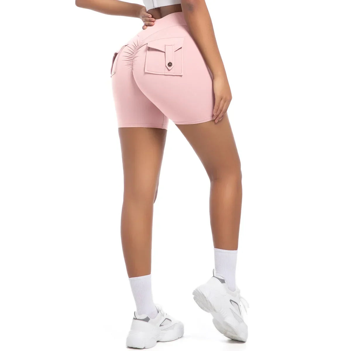 Womens Workout Shorts with Pockets Scrunch Butt Gym Biker Shorts High Waisted Booty Cargo Pants Yoga Running Leggings Activewear
