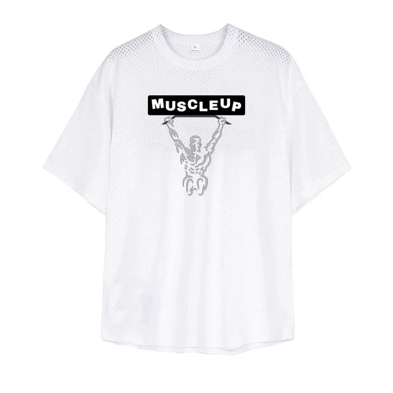 Men's Running T-Shirts Oversized Fitness Half Sleeve T Shirt Summer Gym Muscle Up Mesh Quick Dry Breathable Loose Sport Clothing