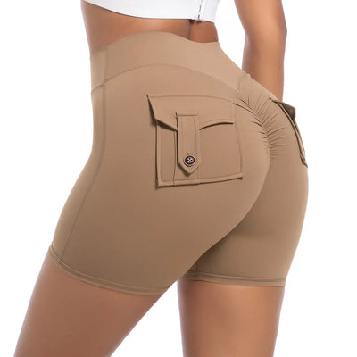Womens Workout Shorts with Pockets Scrunch Butt Gym Biker Shorts High Waisted Booty Cargo Pants Yoga Running Leggings Activewear