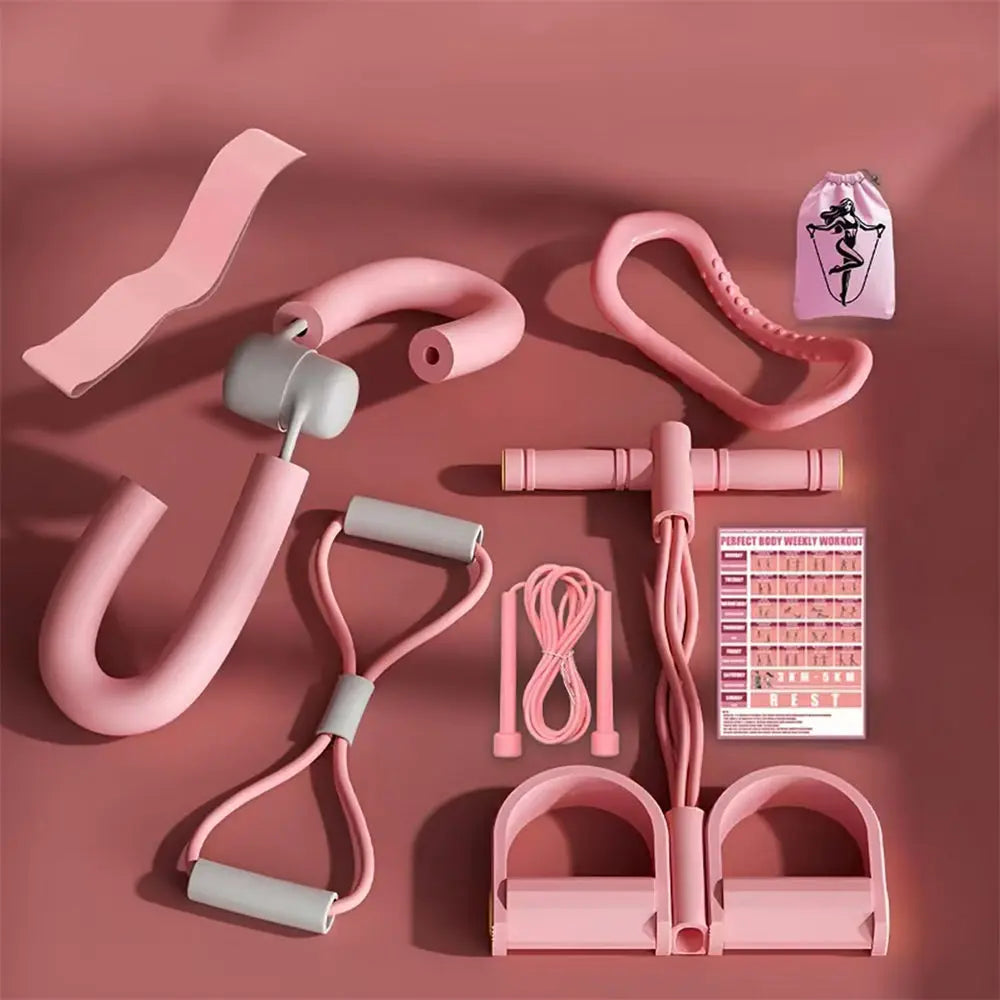 8pcs Yoga Fitness Set Includes Tensioner, Leg Clip, Jump Rope, Yoga Ring, Resistance Band, Action Illustration and Storage Bag