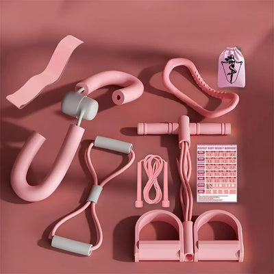 8pcs Yoga Fitness Set Includes Tensioner, Leg Clip, Jump Rope, Yoga Ring, Resistance Band, Action Illustration and Storage Bag