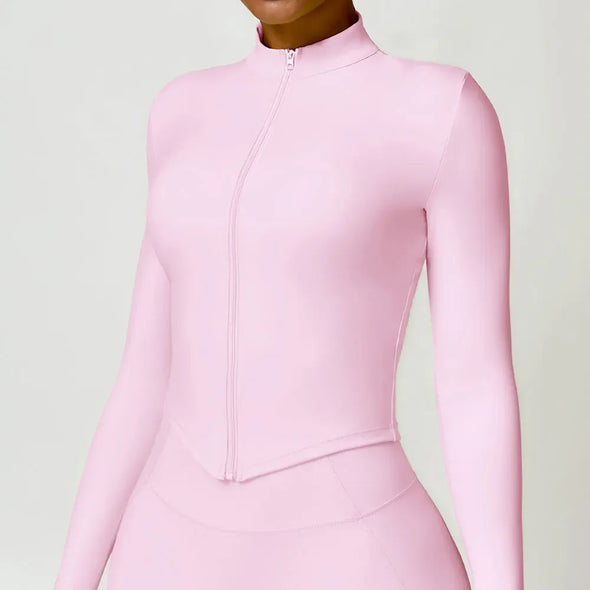 Women's Outdoor Running Fitness Jacket T-shirt Stand Collar Long Sleeve Zipper Yoga Shirts Solid Gym Push Up Workout Tops New