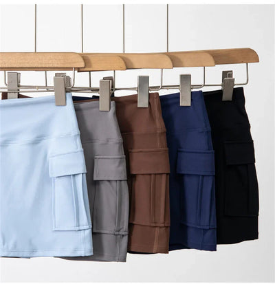 Women Gym Sports Shorts With Skirts Wrap Cover Chinlon Yoga Running Fitness Modern Dance Ballet Two Side Pockets Skorts