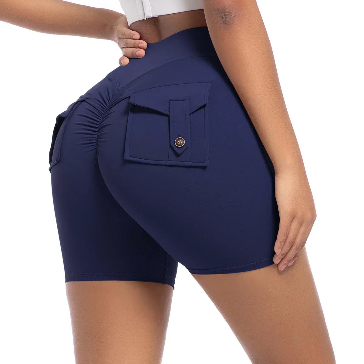 Womens Workout Shorts with Pockets Scrunch Butt Gym Biker Shorts High Waisted Booty Cargo Pants Yoga Running Leggings Activewear