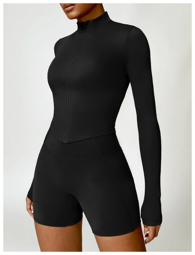 Women's Outdoor Running Fitness Jacket T-shirt Stand Collar Long Sleeve Zipper Yoga Shirts Solid Gym Push Up Workout Tops New