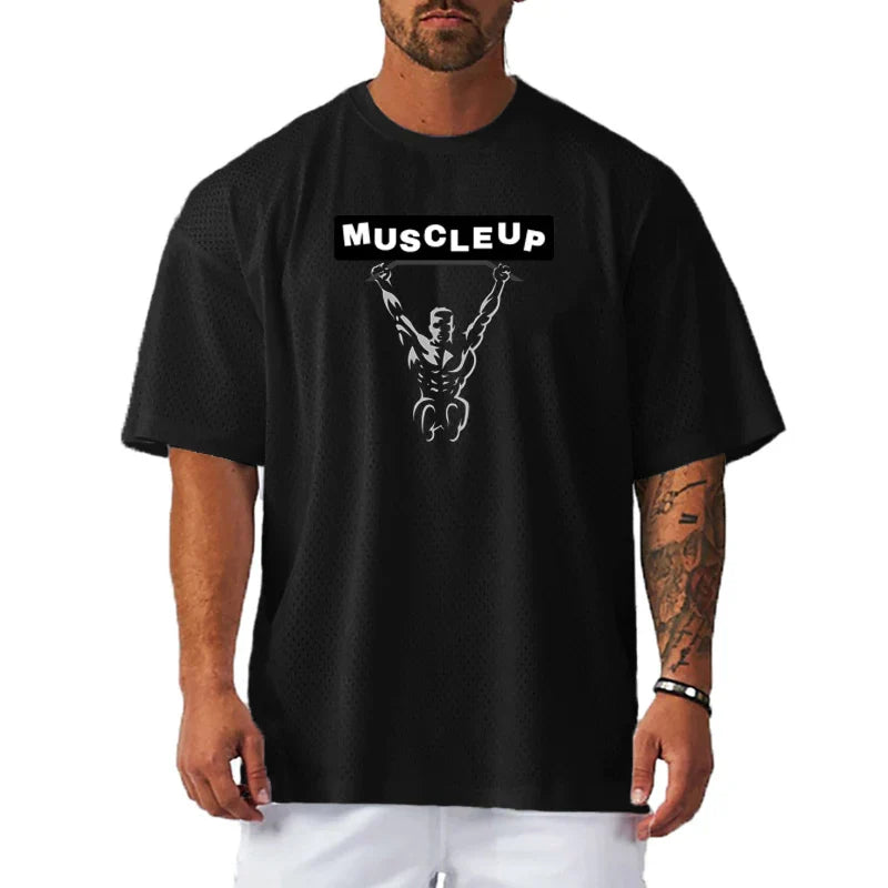 Men's Running T-Shirts Oversized Fitness Half Sleeve T Shirt Summer Gym Muscle Up Mesh Quick Dry Breathable Loose Sport Clothing