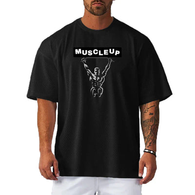 Men's Running T-Shirts Oversized Fitness Half Sleeve T Shirt Summer Gym Muscle Up Mesh Quick Dry Breathable Loose Sport Clothing
