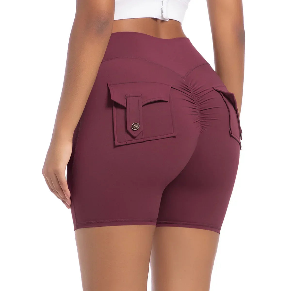 Womens Workout Shorts with Pockets Scrunch Butt Gym Biker Shorts High Waisted Booty Cargo Pants Yoga Running Leggings Activewear