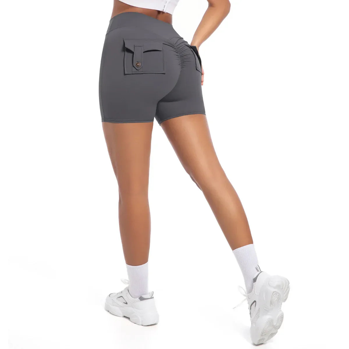 Womens Workout Shorts with Pockets Scrunch Butt Gym Biker Shorts High Waisted Booty Cargo Pants Yoga Running Leggings Activewear