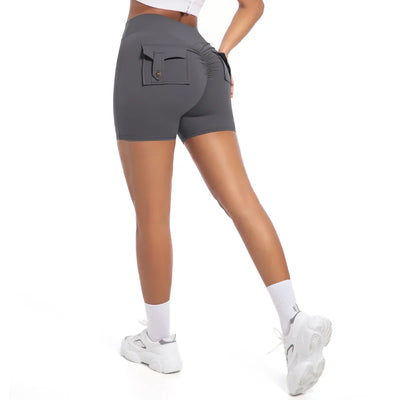 Womens Workout Shorts with Pockets Scrunch Butt Gym Biker Shorts High Waisted Booty Cargo Pants Yoga Running Leggings Activewear