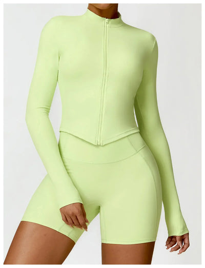 Women's Outdoor Running Fitness Jacket T-shirt Stand Collar Long Sleeve Zipper Yoga Shirts Solid Gym Push Up Workout Tops New