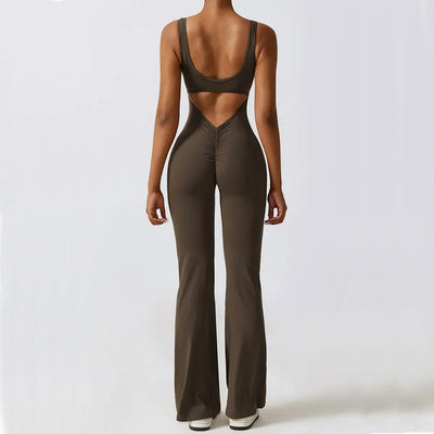 Women Gym Set Training Yoga Suit Sportswear Sports Jumpsuit Fitness Rompers Stretch Female High Waist  Seamless Flare Pants