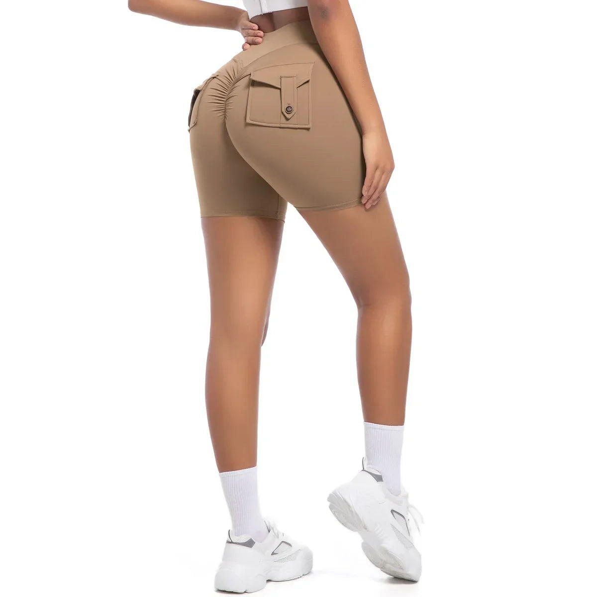 Womens Workout Shorts with Pockets Scrunch Butt Gym Biker Shorts High Waisted Booty Cargo Pants Yoga Running Leggings Activewear
