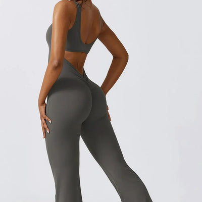 Women Gym Set Training Yoga Suit Sportswear Sports Jumpsuit Fitness Rompers Stretch Female High Waist  Seamless Flare Pants