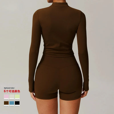 Women's Outdoor Running Fitness Jacket T-shirt Stand Collar Long Sleeve Zipper Yoga Shirts Solid Gym Push Up Workout Tops New