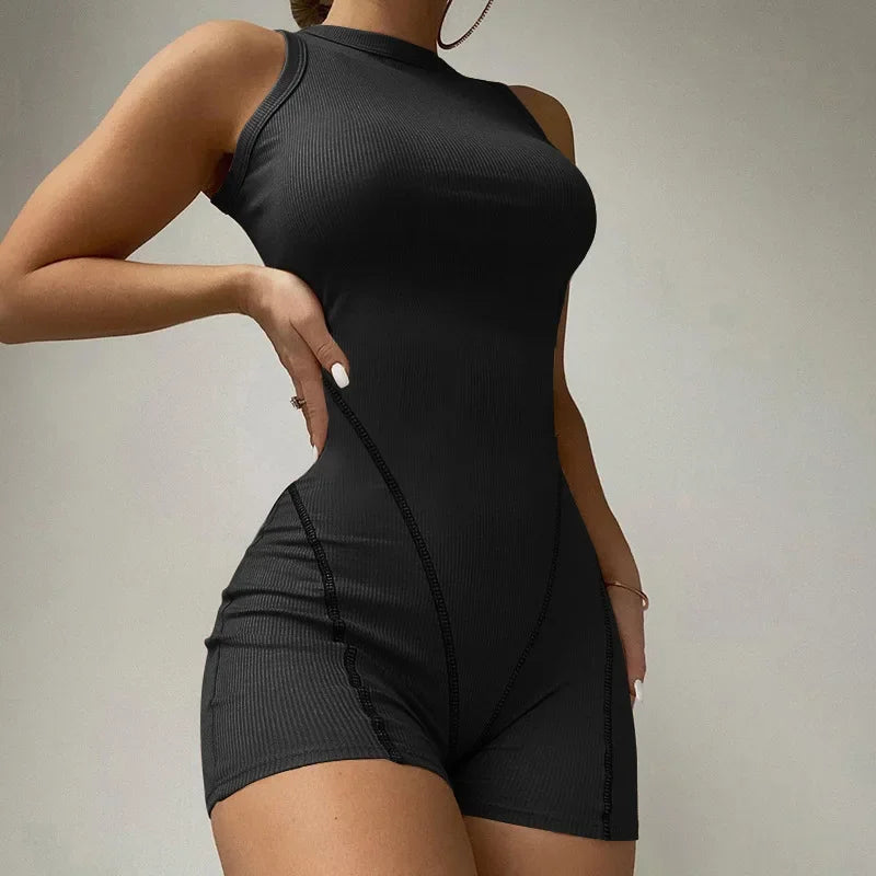Summer Women's Gym Sports Jumpsuit Solid Color Sexy Tight Fitting Breathable Jumpsuit Shorts Yoga Fitness Jumpsuit