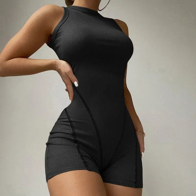 Summer Women's Gym Sports Jumpsuit Solid Color Sexy Tight Fitting Breathable Jumpsuit Shorts Yoga Fitness Jumpsuit