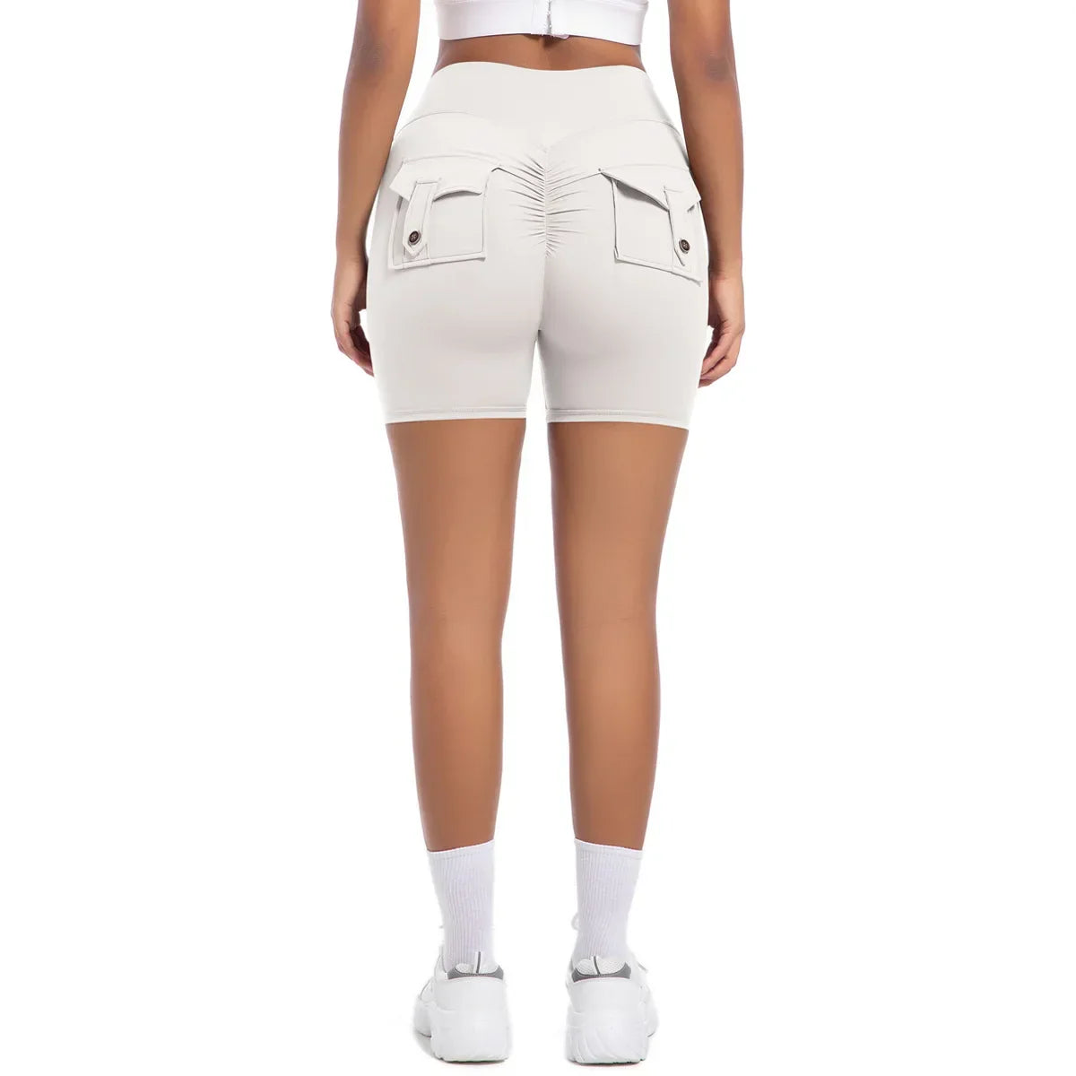 Womens Workout Shorts with Pockets Scrunch Butt Gym Biker Shorts High Waisted Booty Cargo Pants Yoga Running Leggings Activewear