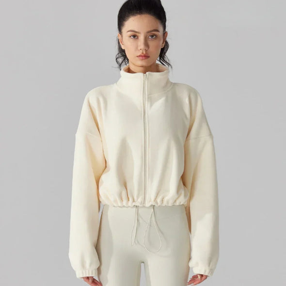 Women's Fleece Short Jacket Full Zip Stand Collar Warm Winter Sherpa Crop Coats with Drawstring Hem Gym Fitness Sports Clothing