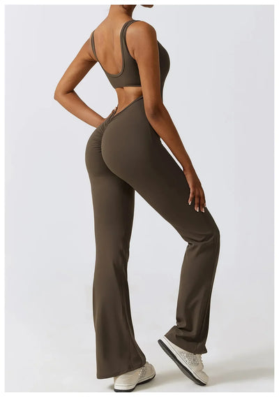 Women Gym Set Training Yoga Suit Sportswear Sports Jumpsuit Fitness Rompers Stretch Female High Waist  Seamless Flare Pants